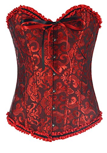 OMZIN Damen Corsage Gothic Vintage Korsett Corset Vollbrust Bustier Corsagentop Top mit Spitze Waist Cincher Große Größen Schwarz/Rot XS von OMZIN