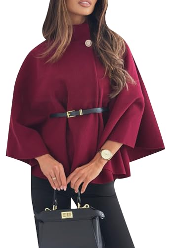 OMZIN Damen Cropped Wool Blend Pea Coat Kurzjacke Langarm Button Down Cape Jacke Weinrot M von OMZIN