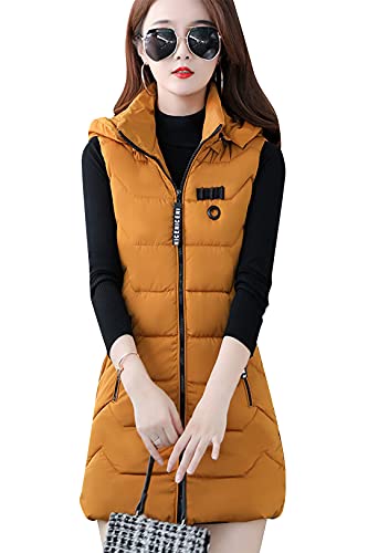 OMZIN Damen Daunenweste Warmer Baumwolle mit Kapuze Taschen Weste Slim Gilet Winter Outdoor Ärmellos Jacke Langer Mantel Gelb XL von OMZIN