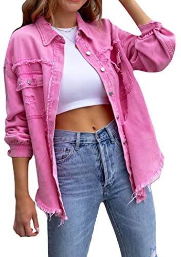 OMZIN Damen Denim Jacke Ausgefranst Saum Button down Distressed Jean Langarm Einfarbig Trucker Jacke Rosa M von OMZIN