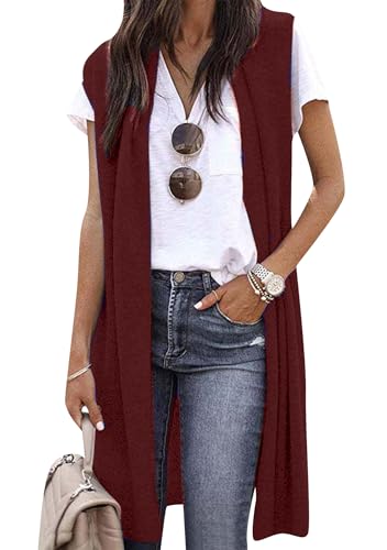 OMZIN Damen Drapierte Offene Vorderseite Ärmellose Herbst Strickjacke Leichte Solide Tunika Weste Burgundy XL von OMZIN