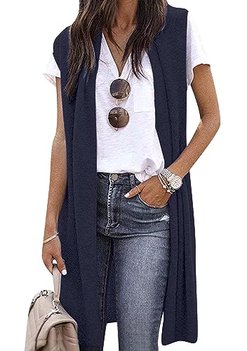 OMZIN Damen Drapierte Offene Vorderseite Ärmellose Strickjacke Einfarbig Leichte Tunika Weiche Herbstweste Marineblau XL von OMZIN