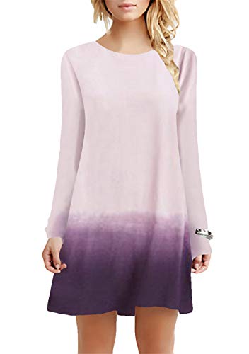 OMZIN Damen Einfaches Kleider Basic Casual A-Linie Skaterkleid Freizeit Kleider Fließendes Kleid Langarm Beiläufige Shirt Lose Rundhals Tunika Rosa 3XL von OMZIN