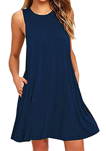OMZIN Damen Einfaches Kleider Casual A-Linie Skaterkleid Basic Freizeit Kleider Fließendes Kleid Navy Blau L von OMZIN