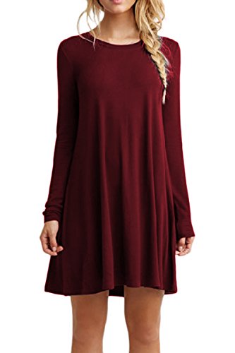 OMZIN Damen Einfaches Kleider Winnter Basic Casual A-Linie Skaterkleid Freizeit Kleider Langarm Beiläufige Shirt Lose Rundhals Tunika Weinrot L von OMZIN