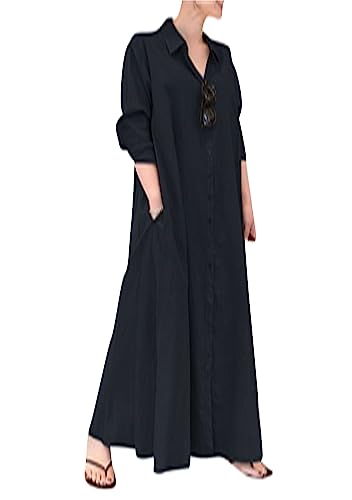 OMZIN Damen Einfarbige Baumwolle Und Leinen Maxi Kleid Button down Langarm Revers Hemdkleid Plus Size Marineblau M von OMZIN