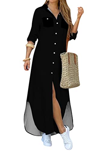 OMZIN Damen Einfarbiger Druck Tiefer V Ausschnitt 3/4 Ärmel Hoher Schlitz Button Down Langes Maxikleid Schwarz XXL von OMZIN