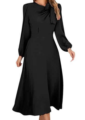 OMZIN Damen Elastische Taille Schleife Knoten Mittellanges Kleid A Line Plus Größe Langarm Kleid Lässig Crew Hals Kleid Schwarz L von OMZIN