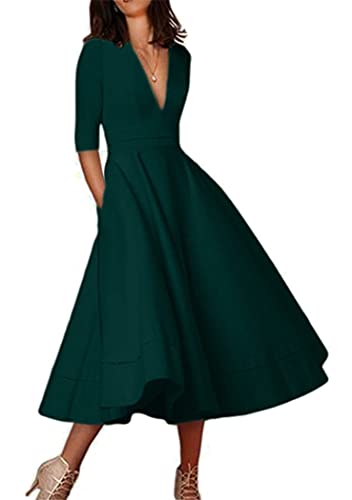 OMZIN Damen Elegant Cocktailkleid 50er Partykleid Kleid Wadenlang A-Linie Falten Swing Vintage Kleid Grün L von OMZIN