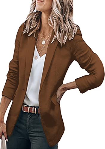 OMZIN Damen Elegante Langarm Reverskragen Business Open Front Jacke Solid Casual Blazer Braun L von OMZIN