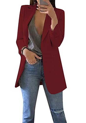 OMZIN Damen Langarm Revers Blazer Einfarbig Büro Mantel Passform Blazer Mantel Elegant Herbst Blazer Jacke Weinrot L von OMZIN