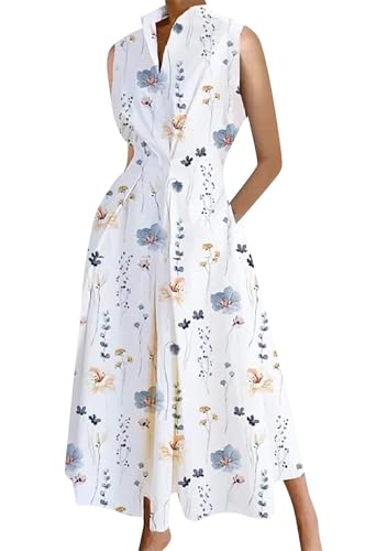 OMZIN Damen Empire Taille Sommer A Line Swing Ärmellos Bedrucktes Maxikleid Small Floral Weiß XXL von OMZIN