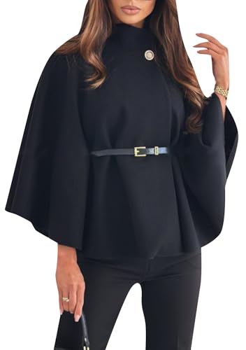 OMZIN Damen Erbsenmäntel Wollmischung Cape Kurzjacken Stehkragen Herbst Winter Oberbekleidung Outfits Schwarz M von OMZIN