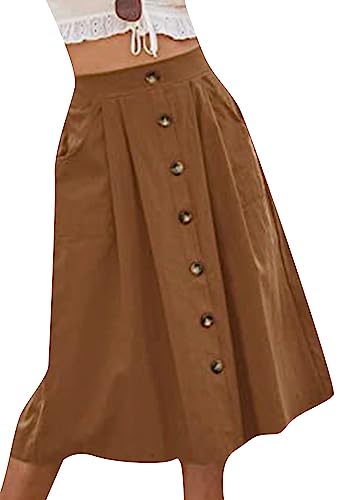 OMZIN Damen Faltenrock Einfarbig Rock Mit Hoher Taille Leinen Swing a Line Langer Rock Braun S von OMZIN
