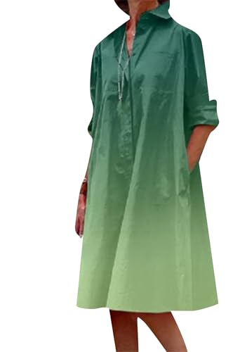 OMZIN Damen Farbe Block Langarm Shirt Kleider Midi Boho Lose Knopf Revers V Ausschnitt Kleid Ombre Grün XXL von OMZIN