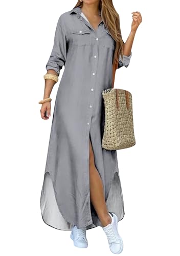 OMZIN Damen Farbe Block Seite Schlitz Shirt Kleid Solid Farbe Maxi Revers Langarm Button Up Kleid Grau S OMZIN Damen Farbe Block Seite Schlitz Shirt Kleid Solid Farbe Maxi Revers Langarm Button Up Kleid Grau S von OMZIN
