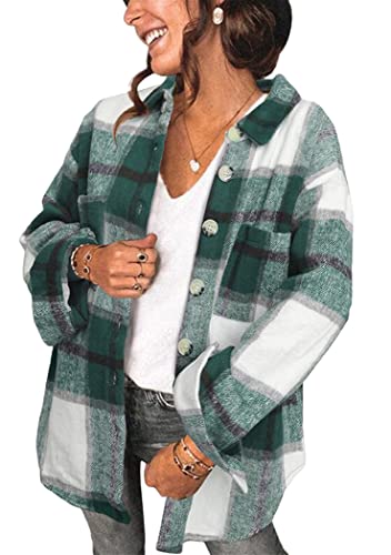 OMZIN Damen Langarm Button Down Blusen Klassisch Flanell Oversized Strickjacke Plaid Frühling Jacke Grün M von OMZIN