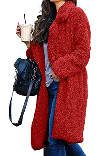 OMZIN Damen Fleecejacke Revers Fleece Fuzzy Faux Coats Warm Winter Oversize Outwear Jacken Pelzmantel Wintermantel Rot XL von OMZIN