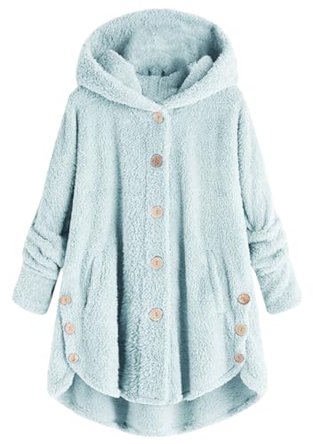 OMZIN Damen Fleecemantel Warme Button Down Mantel Einfarbig Plüschjacke Casual Plüschmantel Winterjacken Teddy-Fleece Himmelblau 5XL von OMZIN
