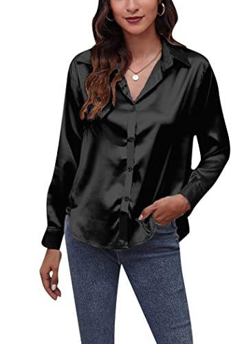 OMZIN Damen Floral Satin Seidig Langarm Revers Button Down Hemd Lässige Arbeitsbluse Schwarz M von OMZIN