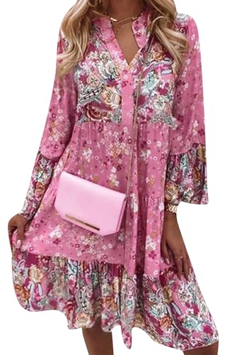 OMZIN Damen Freizeit Frühling Kleider V-Ausschnitt Lange Ärmel Rüschen Blumendruck Flowy Babydoll Mini Strandkleid PK XL von OMZIN