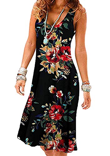 OMZIN Damen Freizeit Kleid Atmungsaktiv Locker Kleider Faltenrock Lose Strand Kleider Schwarz/Rote Blume 3XL von OMZIN