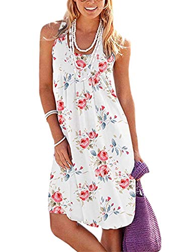 OMZIN Damen Lässig Ärmellos Strandkleid Lässig Schulterfrei Sommerkleider Schlicht Midi Midikleid Weiß Rose 2XL von OMZIN