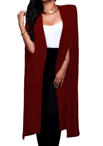 OMZIN Damen Freizeit Langes Cape Offene Vorderseite Geteilte Ärmel Blazer Feste Farbe Leichtes Abendcap Blazer Weinrot XL von OMZIN