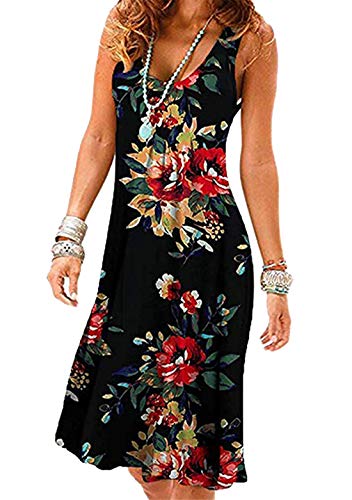 OMZIN Damen Freizeit Strand Kleider Midi A-Linie Sommer Kleid Ärmellos Atmungsaktiv Freizeit Kleid Schwarz Rote Blume L von OMZIN