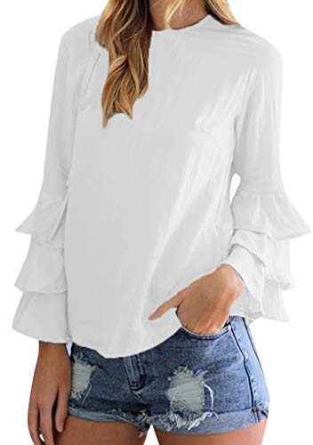 OMZIN Damen Freizeit T-Shirt Locker mit Ärmeln Chiffon Bluse Locker für Frühling Oberteil Weiß S von OMZIN