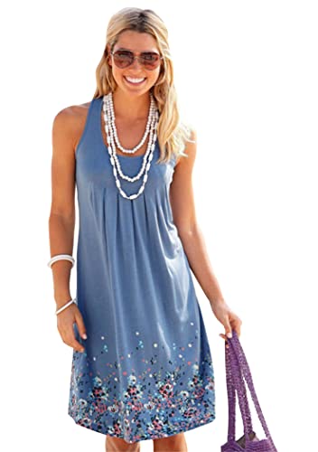 OMZIN Damen Partykleider Swing Bedruckte Strandkleider Ärmelloses Vintage Freizeitkleid Blau 3XL von OMZIN