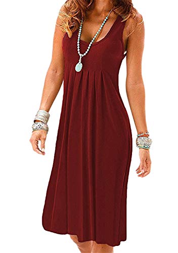 OMZIN Damen Freizeitkleid Tunika Plissee Kleid Sommerkleid Schlichtes Basic Freizeitkleid Weinrot 2XL von OMZIN