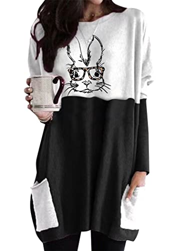 OMZIN Damen Ostern Hase Sweatshirt Lässig Hase Druck Langarm Rundhalsausschnitt Lose Sweatshirt Pullover Top Schwarz Brille Hase M von OMZIN