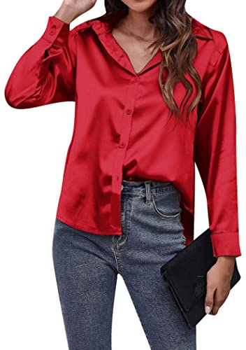 OMZIN Damen Frühling Casual V-Ausschnitt Langarm-Shirt Lose Elegante Top Taste Einfarbiges Shirt Rot XXL von OMZIN