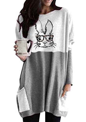 OMZIN Ostern Bluse Casual Geschenk Top Color Block Langarm T-Shirt Pullover Für Damen Grau Brille Kaninchen XXL von OMZIN