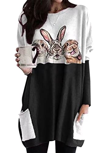 OMZIN Damen Frühling Patchwork Sweatshirt mit süßem Kaninchendruck Raglanärmel Top Kaninchenmuster Ostergeschenk Schwarz DREI Kaninchen L von OMZIN