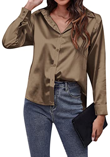 OMZIN Damen Frühling Satin Seide Langarm Knopf Hemd Lässig Büro Lockeres Hemd Top Dunkel-Khaki 3XL von OMZIN