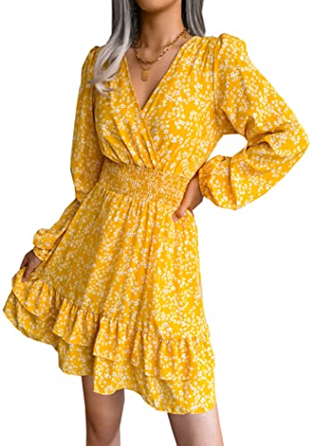 OMZIN Damen Frühling Sommer Tiefer V-Ausschnitt Rüschen Langarm Blumendruck Mini Chiffon Kleid Gelb S von OMZIN