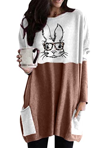 OMZIN Damen Niedlicher Hase Muster Langarm Pullover Sweatshirt Pullover Hase Druck Ostergeschenk Khaki Brille Hase XXL von OMZIN