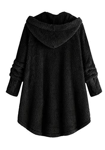 OMZIN Damen Große Größe Fleecemantel Lose Warme Button Down Mantel Einfarbig Plüschjacke Casual Kapuzenpullover Winterjacken Teddy-Fleece Langarm Outwear Schwarz M von OMZIN