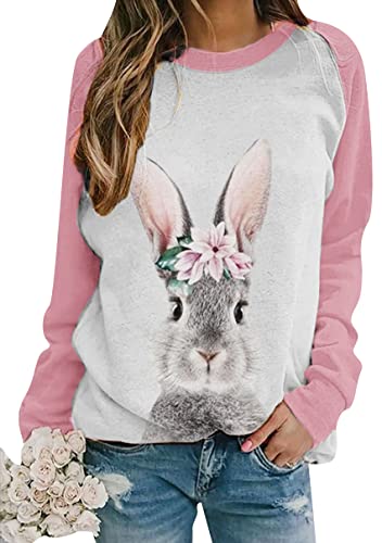 OMZIN Damen Häschen Grafik Ostern-Pullover-Sweatshirt mit niedlichem Kaninchen-Print Lange Raglan-Ärmel Oberteile Rosa 3XL von OMZIN