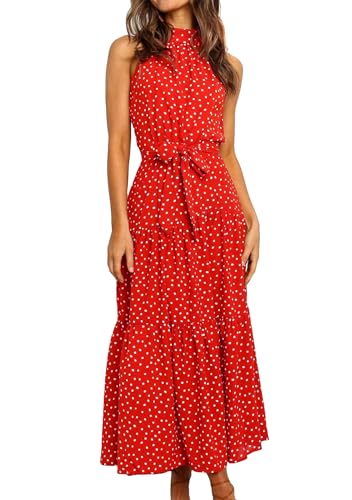 OMZIN Damen Halter Swing Ärmellose Kleider Mit Gürtel Volle Länge Polka Dot Boho Empire Taille Sundress Orange Dot XS von OMZIN