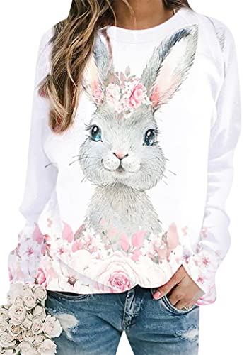 OMZIN Damen Happy Easter Cute Bunny Graphic Pullover Langarm Rundhalsausschnitt Kaninchen Sweatshirt Shirts Blume Rabbi XL von OMZIN