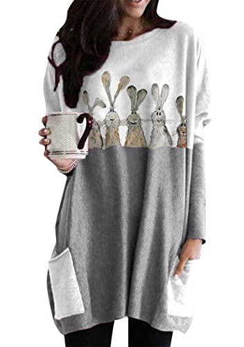 OMZIN Damen Happy Easter Sweatshirt Langarm Rundhalsausschnitt Cute Rabbit Graphic Sweatshirt Grau fünf Hasen XXL von OMZIN