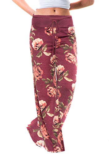 OMZIN Damen Haremhose Leicht Weit Bein Lang Hose Baumwolle Yogahose Weich Blumenmuster Weite Bein Lange Hose Bequem Rot 3XL von OMZIN