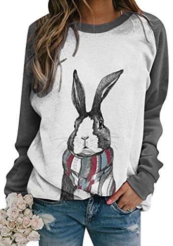 OMZIN Damen-Hemd-Sweatshirt mit süßem Hasengesicht Langarm Freizeitbluse Kaninchen Grafik Ostertag Pullover Oberteile Grau WeiJin 3XL von OMZIN