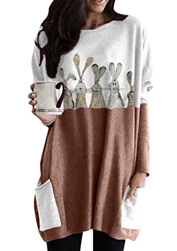 OMZIN Damen Hemd niedlichem Hasen Print Ostern Langarm Oberteil Pullover Patchwork Rundhalsausschnitt Hasen Grafik Sweatshirt Khaki Hase S von OMZIN