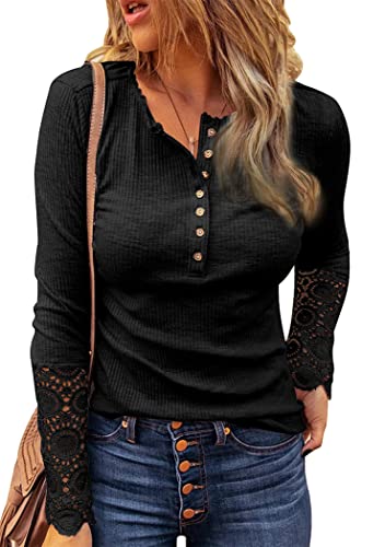 OMZIN Damen Henley Shirts Langarm Gerippt Lässig Button-Down Schlank Solid Strick Tunika Top Bluse Schwarz L von OMZIN