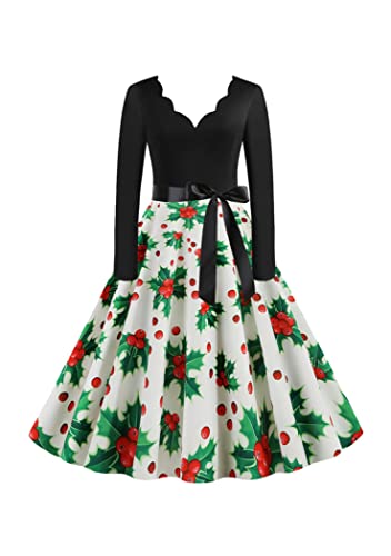 OMZIN Damen Hepburn Weihnachten Line Up Knielanges Kleid Basic Vintage Übergröße Kleid V-Ausschnitt Lockeres Kleid Weiß XXL von OMZIN