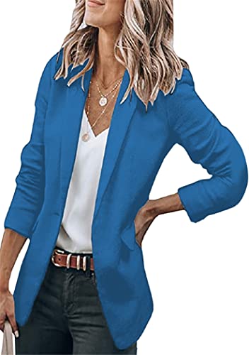 OMZIN Damen Herbst Feste Farbe Gerüscht Langarm Blazer Offen Vorne Revers Strickjacke Arbeit Büro Jacken Blau 3XL von OMZIN